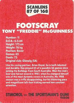 1989 Scanlens VFL #87 Tony McGuinness Back